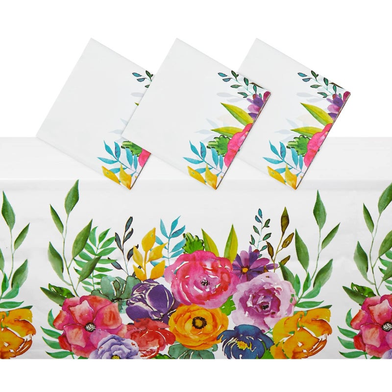 Sparkle and Bash 3 Pack Plastic Floral Tablecloth for Wedding, Birthday Party Decorations, 54x108 inch Disposable Rectangle Floral Table Cover, Tea Party Supplies, Baby Shower - Image 1